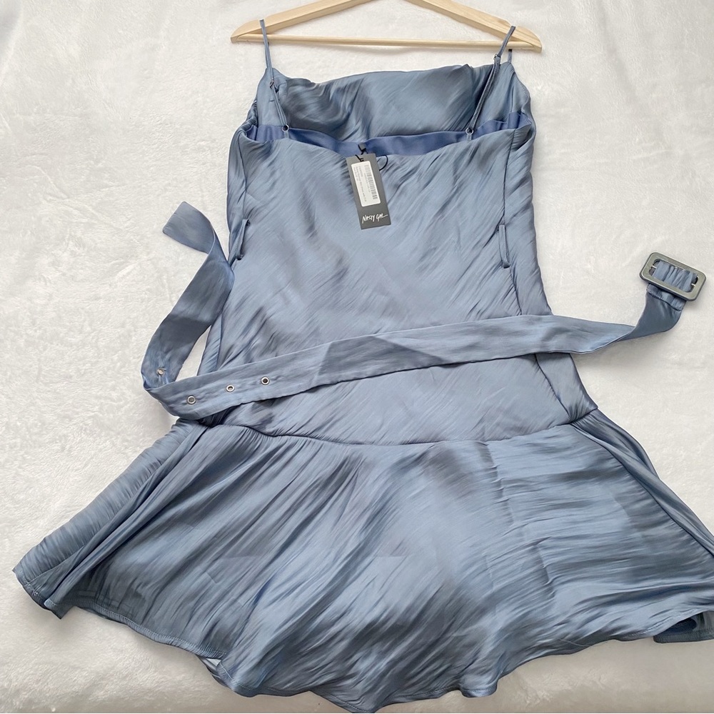 NWT Nasty Gal Belted Shimmery Mini Dress with a Frill Hem - Picture 7 of 13